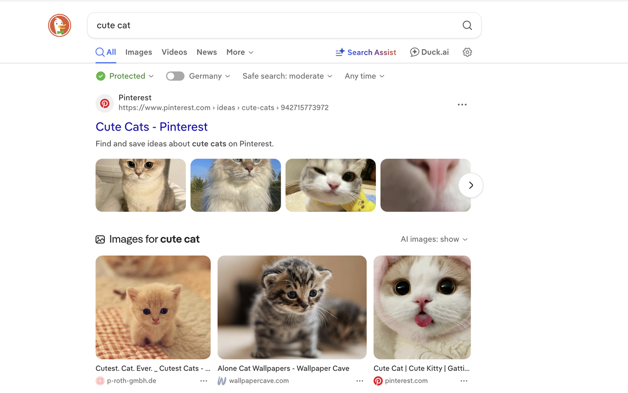 Search results on DuckDuckGo after switching engines