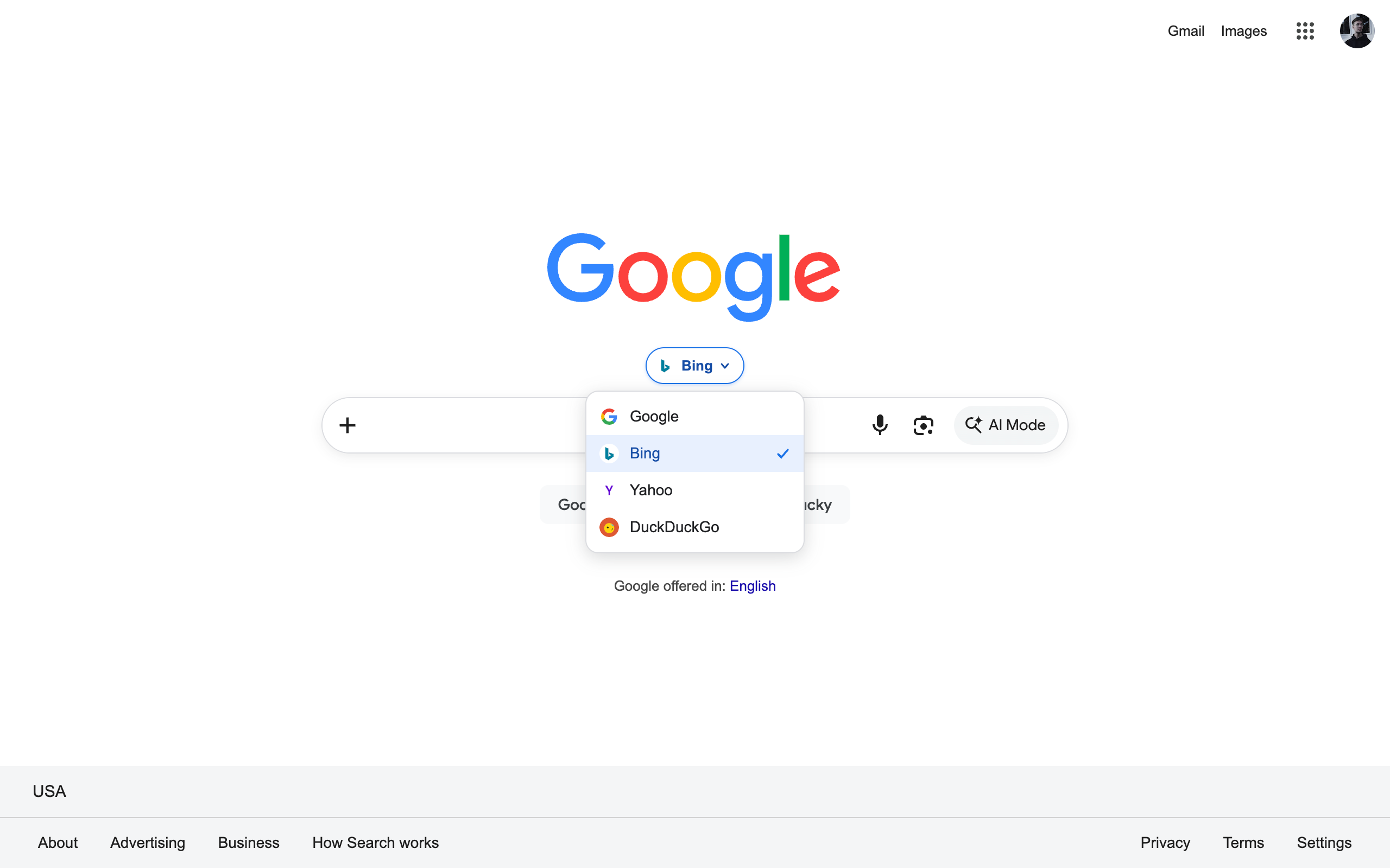 Engine picker pill open on the Google homepage