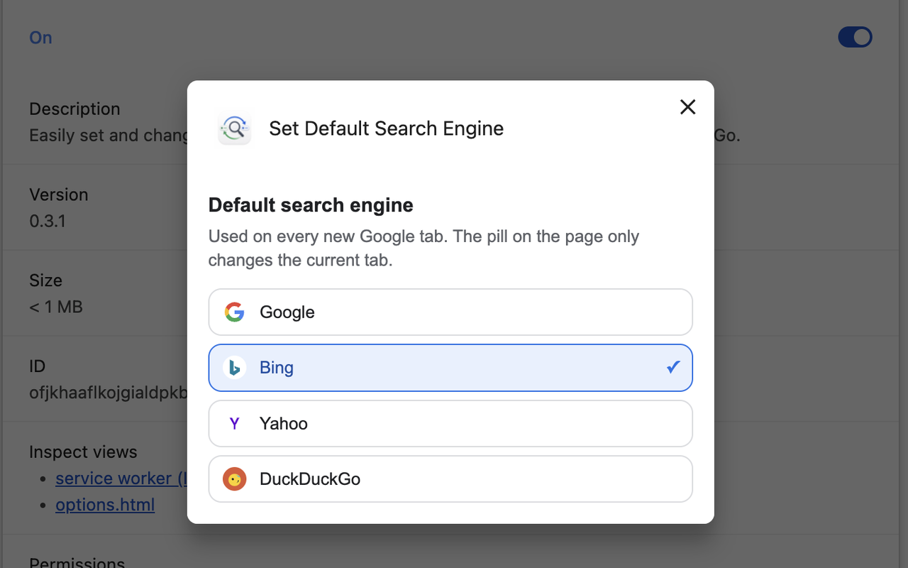 Extension options: default search engine list